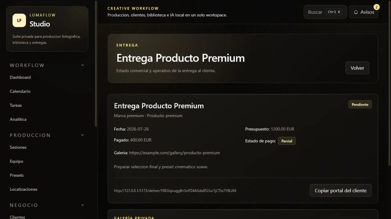 Flujo de entrega — captura de desarrollo con datos de ejemplo.